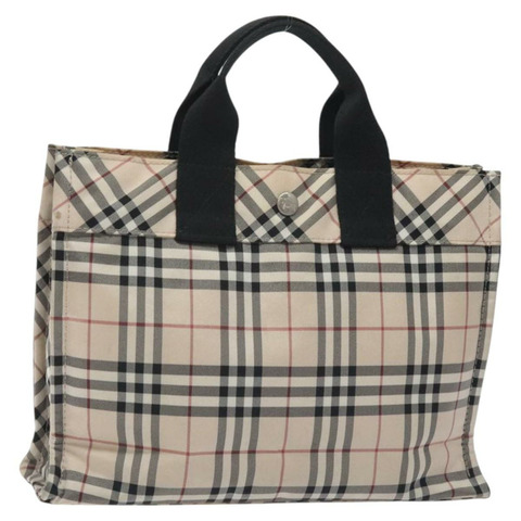 BURBERRY Nova 格紋藍標手提包尼龍米色銀色正品 kk500