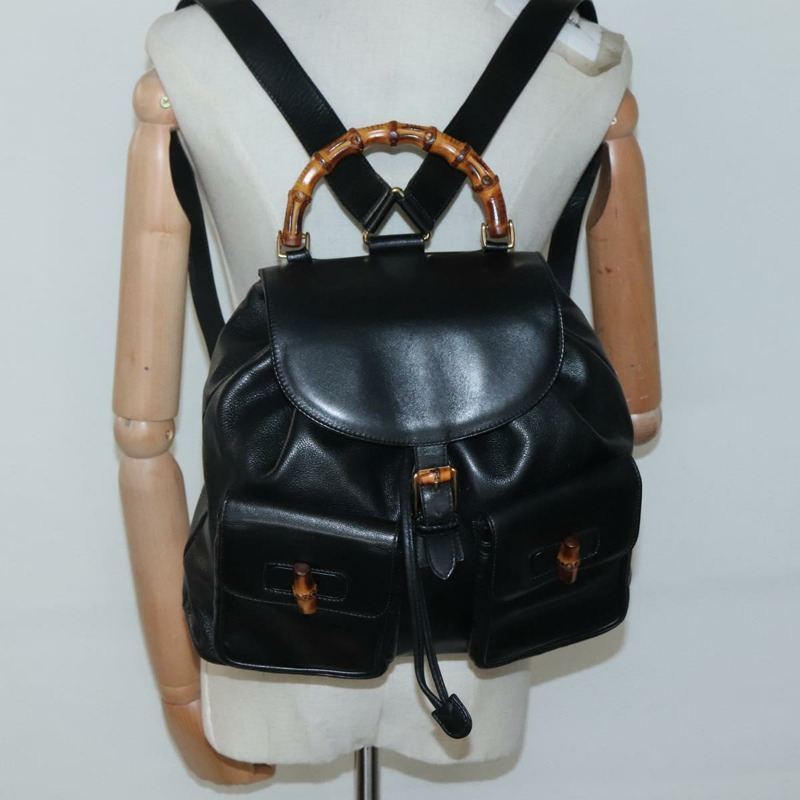 【日本直送】GUCCI 竹子背包 皮革 黑金 003 2058 0030 正品 kk534-24