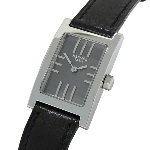 Hermès Tandem 石英女士手錶，不鏽鋼，皮革，銀色，灰色，黑色，方形，拋光，TA1.210
