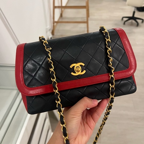 Chanel Vintage 香奈兒 中古 深藍拼紅 24K金 斜揹包