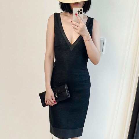 FENDI 黑色深V毛呢性感洋裝 36/S 禮服