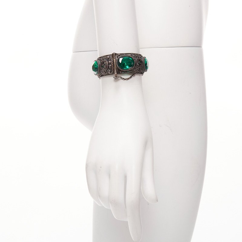 GUCCI Alessandro Michele GG logo green crystal antique gunmetal bangle-0