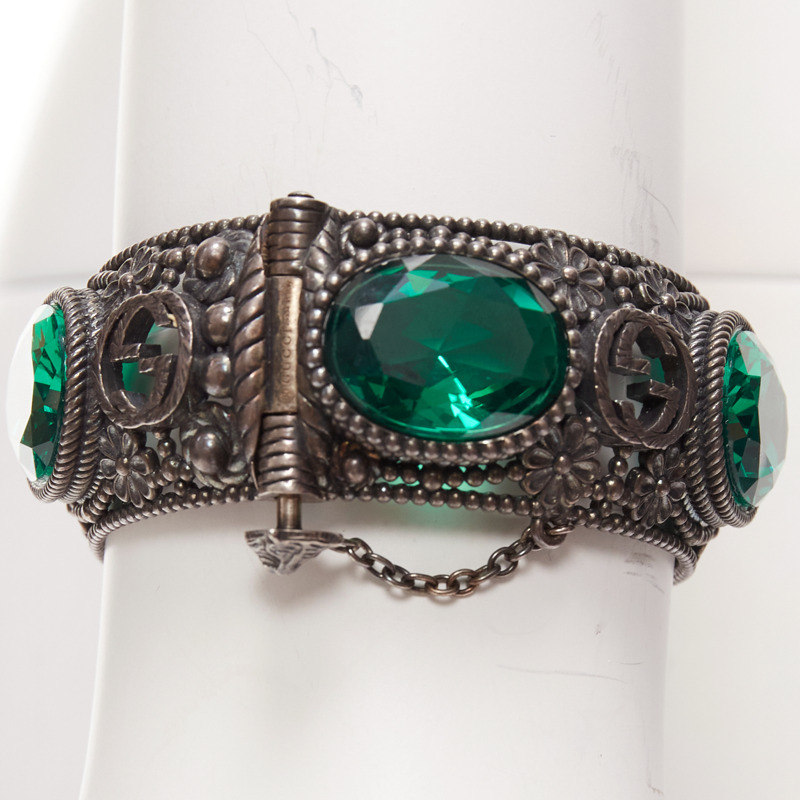GUCCI Alessandro Michele GG logo green crystal antique gunmetal bangle-1