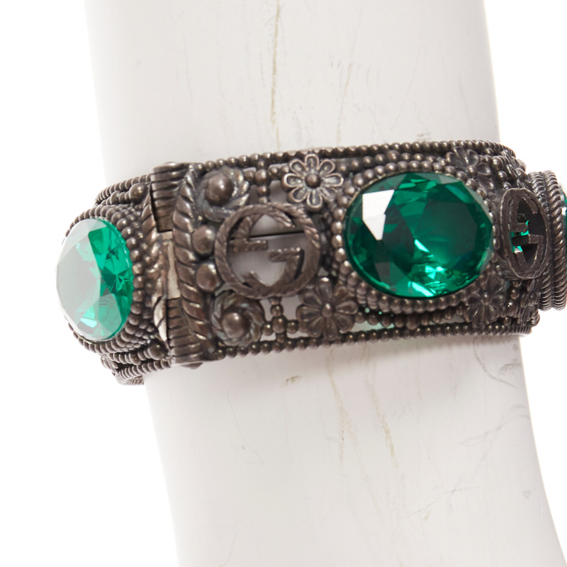 GUCCI Alessandro Michele GG logo green crystal antique gunmetal bangle-2