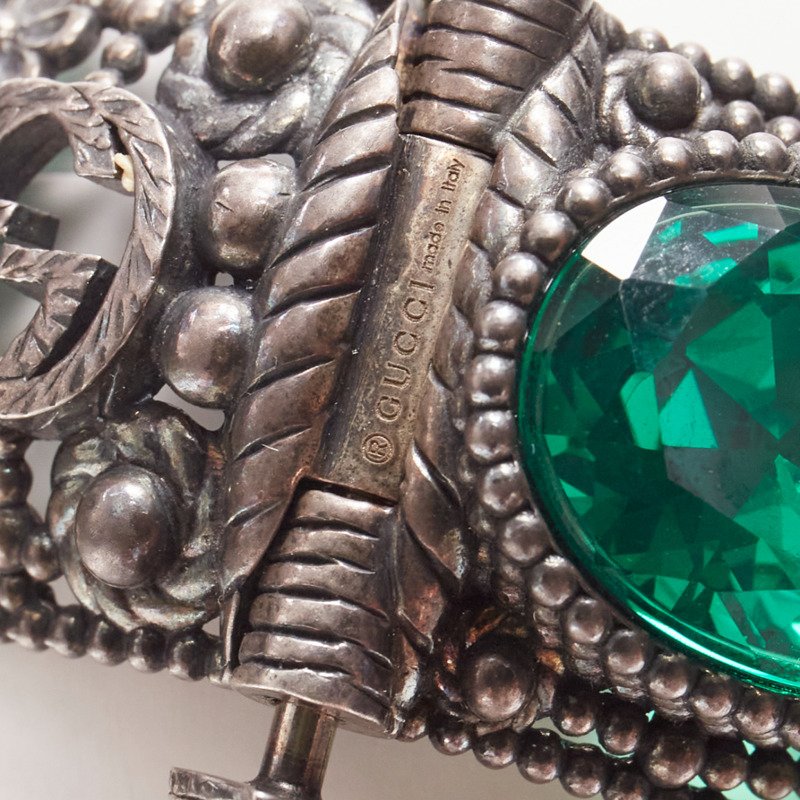 GUCCI Alessandro Michele GG logo green crystal antique gunmetal bangle-3