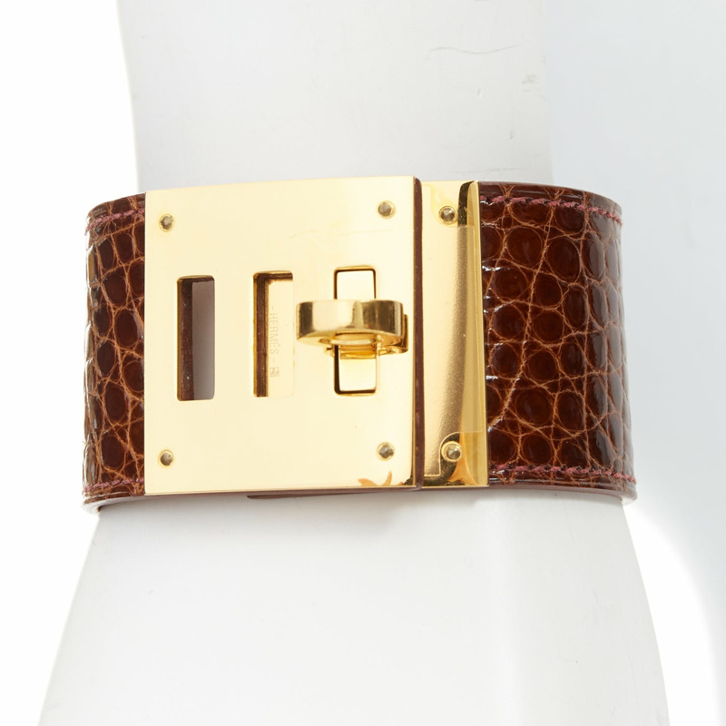 HERMES Kelly Dog brown polished gator leather GHW turnlock bracelet-1