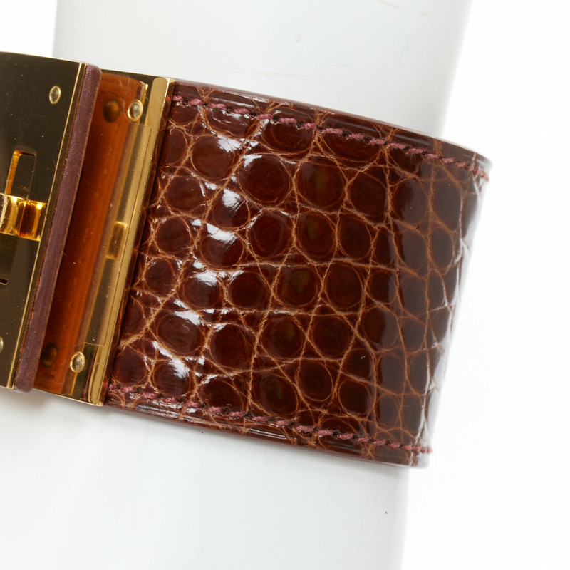 HERMES Kelly Dog brown polished gator leather GHW turnlock bracelet-2