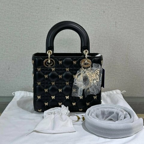 DIOR 黑金蝴蝶卯釘四格手提斜背黛妃包20*17*8 99新配件塵袋