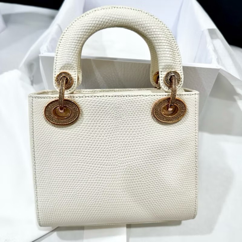 新款鏈袋 lady Dior mini訂製款 蜥蜴皮 米白色玫瑰金釦帶鑽-1