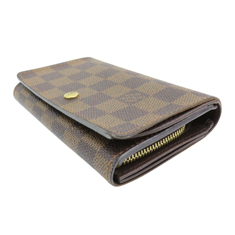 棕色 棋盤格 帆布 orte-Monnaie Billets Tresor 扣式中夾 N61730-2