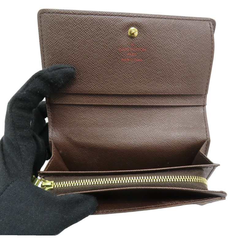 棕色 棋盤格 帆布 orte-Monnaie Billets Tresor 扣式中夾 N61730-4