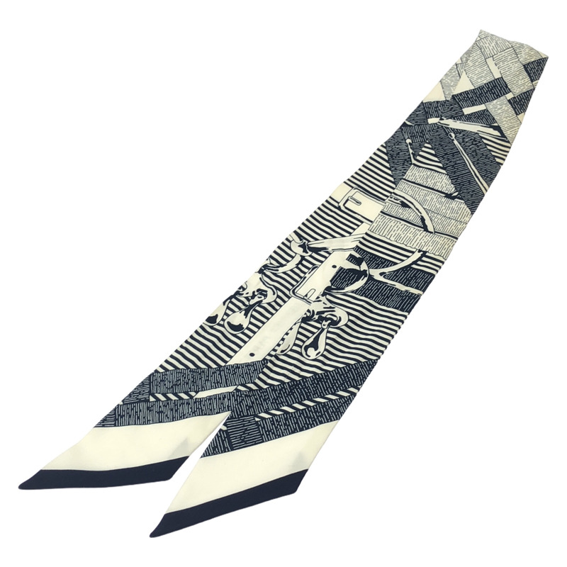 HERMES Twilly 圍巾 絲綢 海軍藍 白色 二手 女士-0