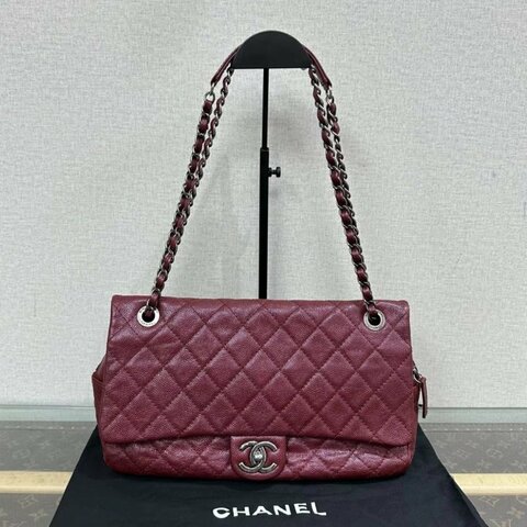CHANEL CF紅銀荔枝牛皮肩背斜背包 32*18*7 98新配件塵袋