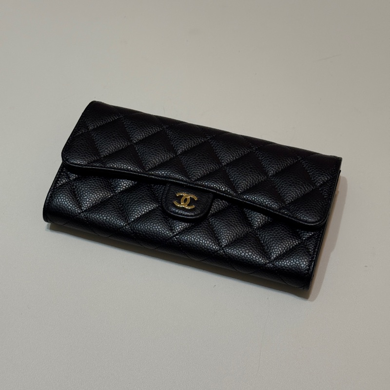 『全新』Chanel黑金荔枝牛皮CF長夾-0