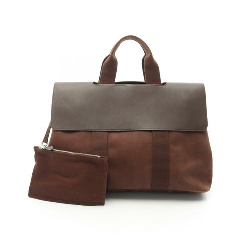 HERMES Valparaiso 中型手提包 Toile V 形帆布皮革棕色二手女式 SHW