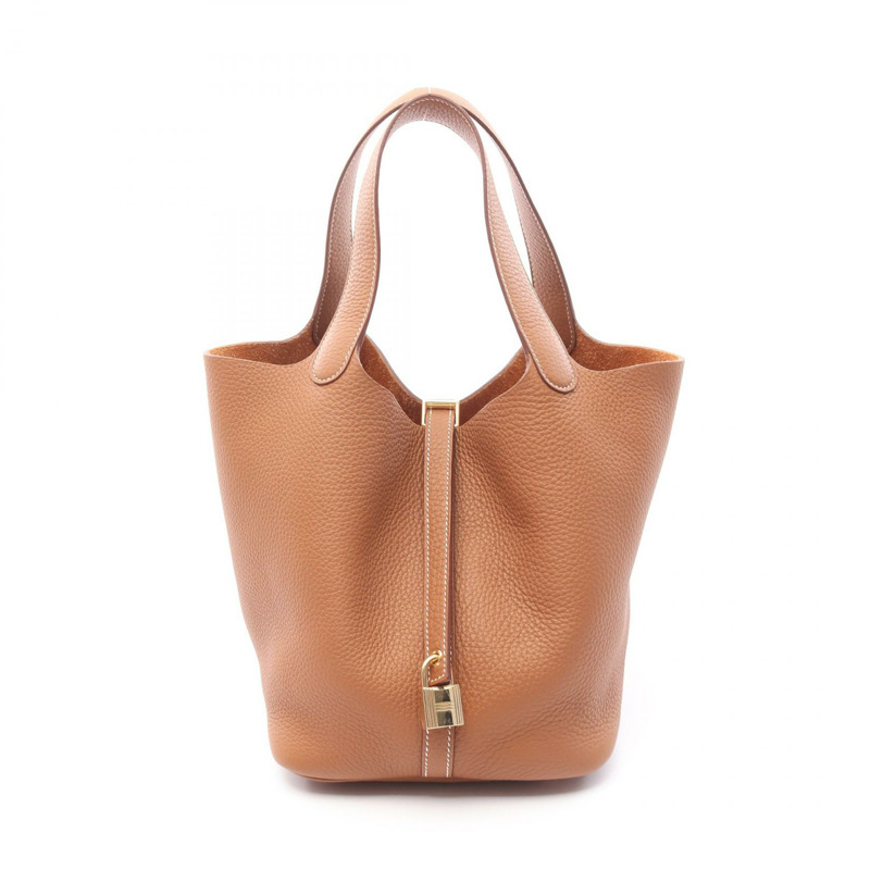 愛馬仕 Picotin Lock 中型手袋 Clemence 皮革 棕色 金色 二手 女款 K GHW-0