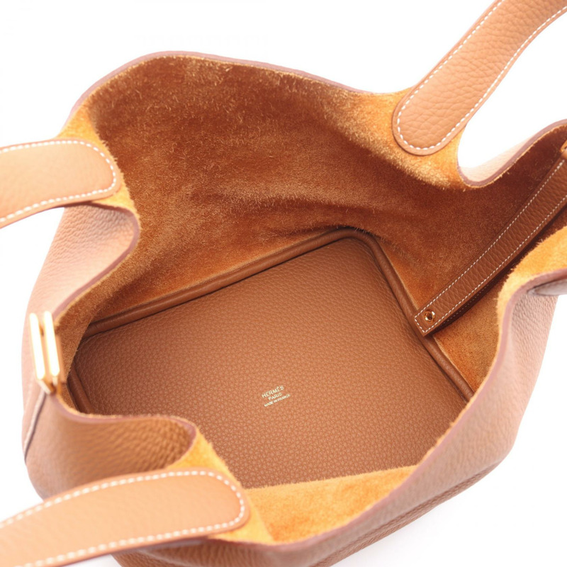 愛馬仕 Picotin Lock 中型手袋 Clemence 皮革 棕色 金色 二手 女款 K GHW-2