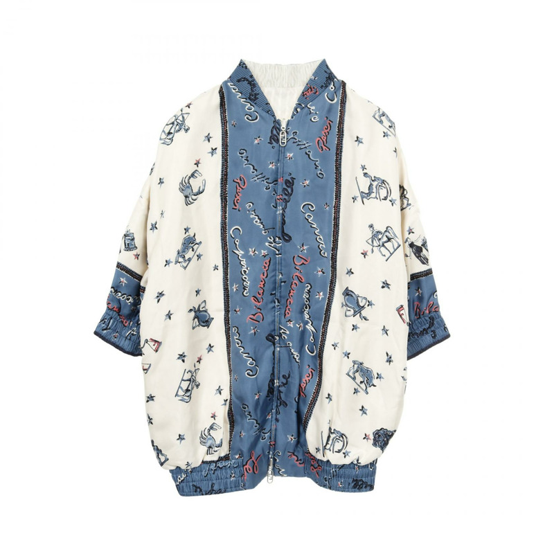 FENDI ASTROLOGY MOTIF 雙面束腰外套 絲綢 白色藍色 二手 女款 #36-0