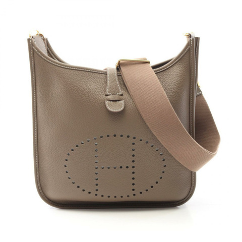 HERMES Evelyne Troyes PM 單肩包 Clemence 皮革 Etoupe 灰色 二手 B GHW