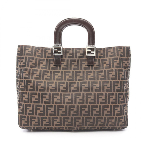 FENDI Zucca 手提包 皮革 尼龍帆布 棕色 二手 女式