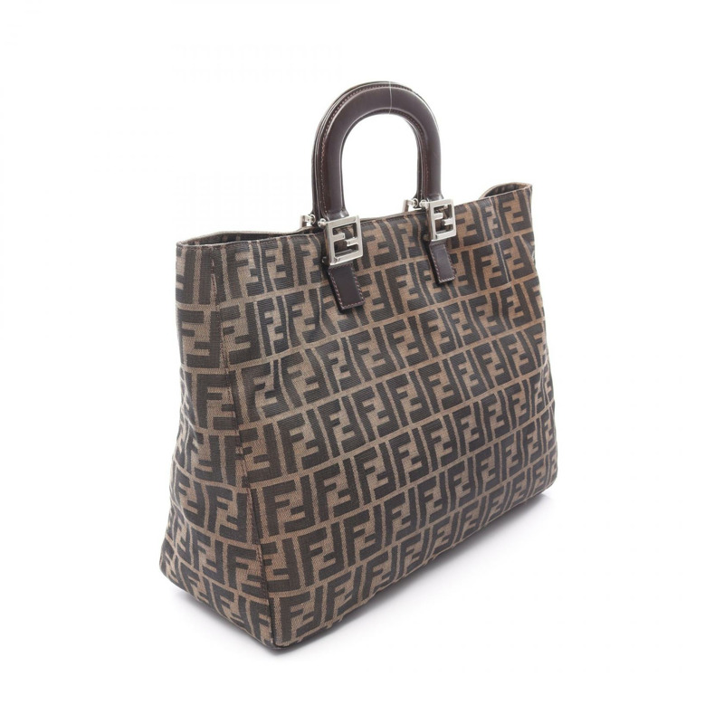 FENDI Zucca 手提包 皮革 尼龍帆布 棕色 二手 女式-1
