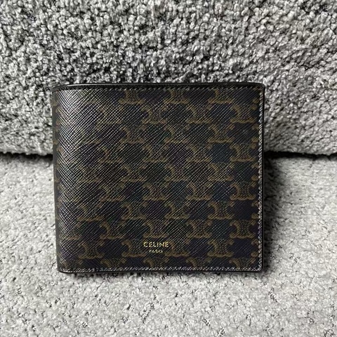 celine 棕色凱旋門印花雙折粒面皮革 錢包