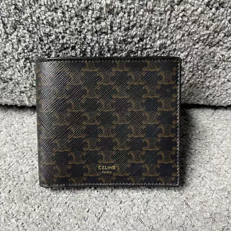 celine 棕色凱旋門印花雙折粒面皮革 錢包-0