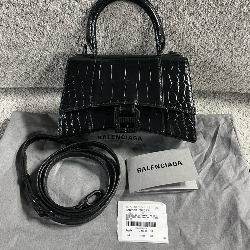 Balenciaga 黑色萊茵石鑲嵌黑色啞光B徽標 鰐魚紋壓花牛皮革 單肩斜挎包Xs碼 附件塵袋 卡片-4