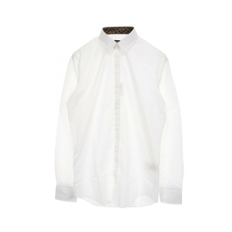 FENDI Zucca 圖案長袖襯衫 FS0703 純棉 白色 二手 男款 #38-0