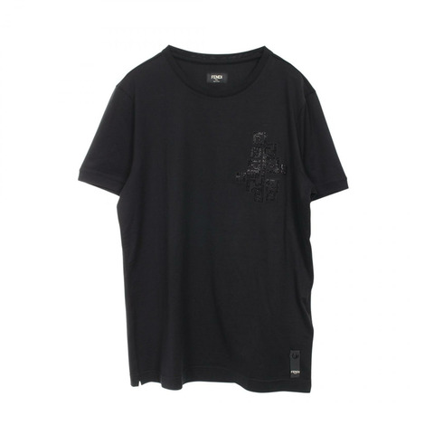FENDI FF 標誌 T 卹短袖 FY0894 棉黑色二手男款 #XS
