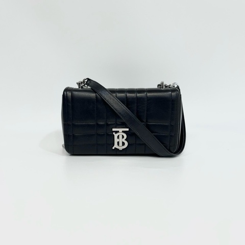 Burberry黑銀羊皮衍縫格紋TB LOLA小號側背包8059510