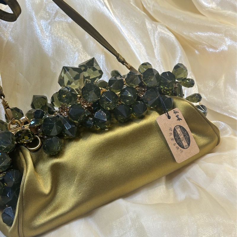 Prada Jeweled Satin Clutch In Olive Green Body-1