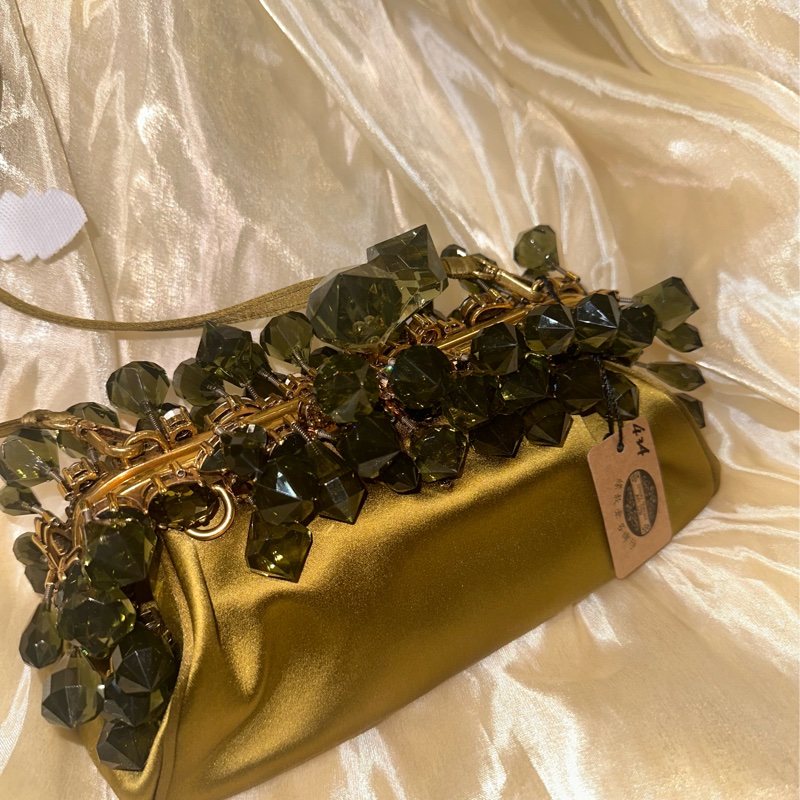 Prada Jeweled Satin Clutch In Olive Green Body-3