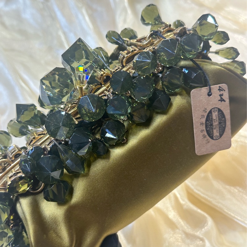 Prada Jeweled Satin Clutch In Olive Green Body-4