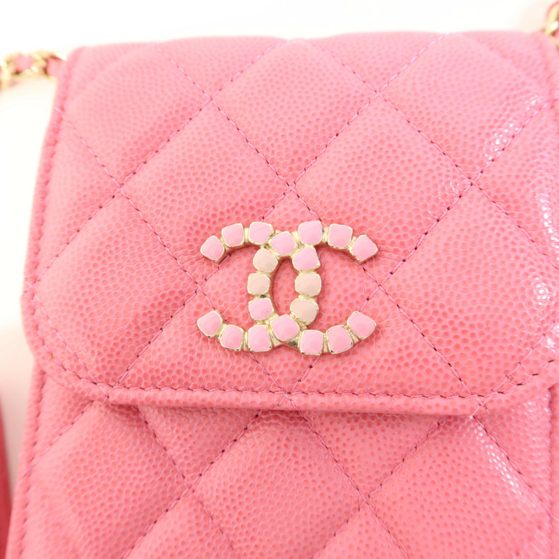 CHANEL 牛皮皮革Phone Holder金扣鏈帶肩背袋-9