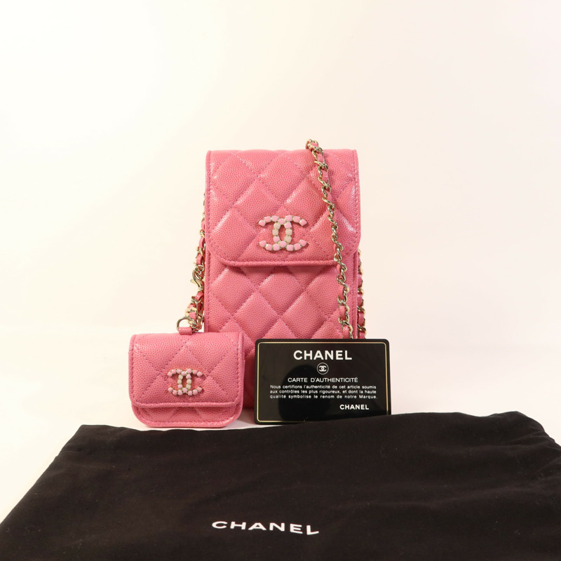 CHANEL 牛皮皮革Phone Holder金扣鏈帶肩背袋-19