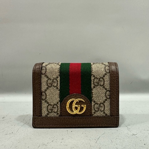 Gucci 523155 老花拼卡其皮 GG短夾