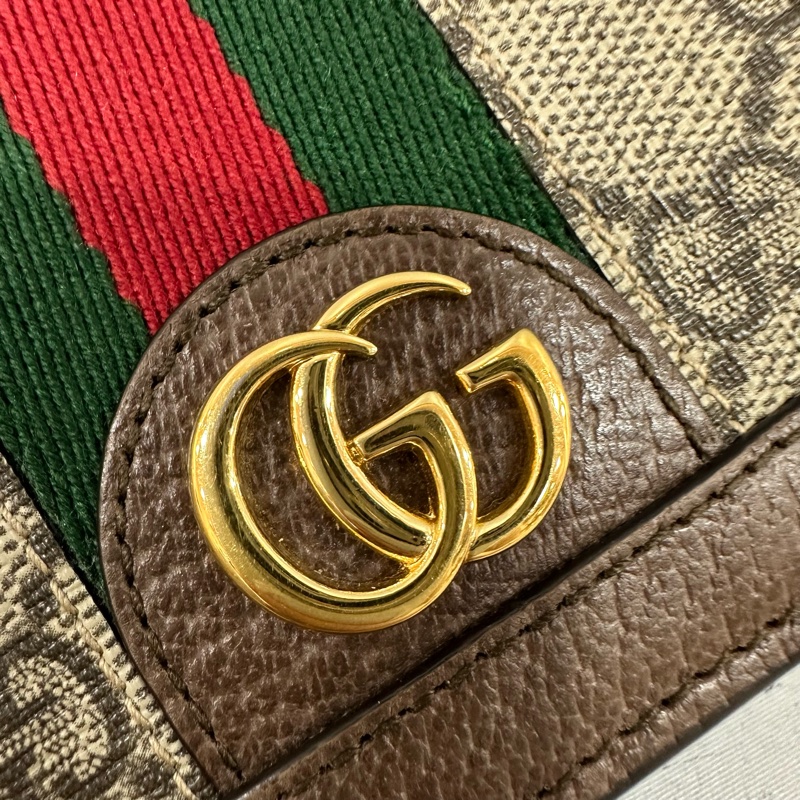Gucci 523155 老花拼卡其皮 GG短夾-4