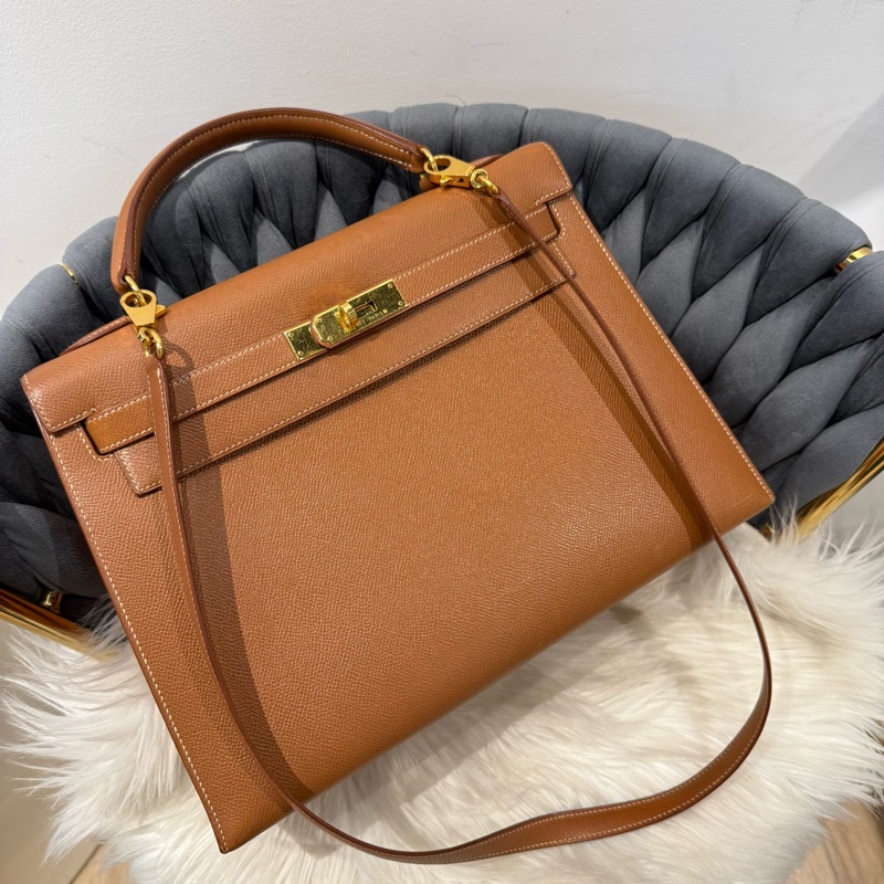 愛馬仕 kelly32 金棕 附背帶 A框刻-3