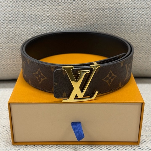LOUIS VUITTON 標誌字母壓花平滑扣 Pyramide 牛皮金屬帆布 皮帶 男款 棕色 寬4cm