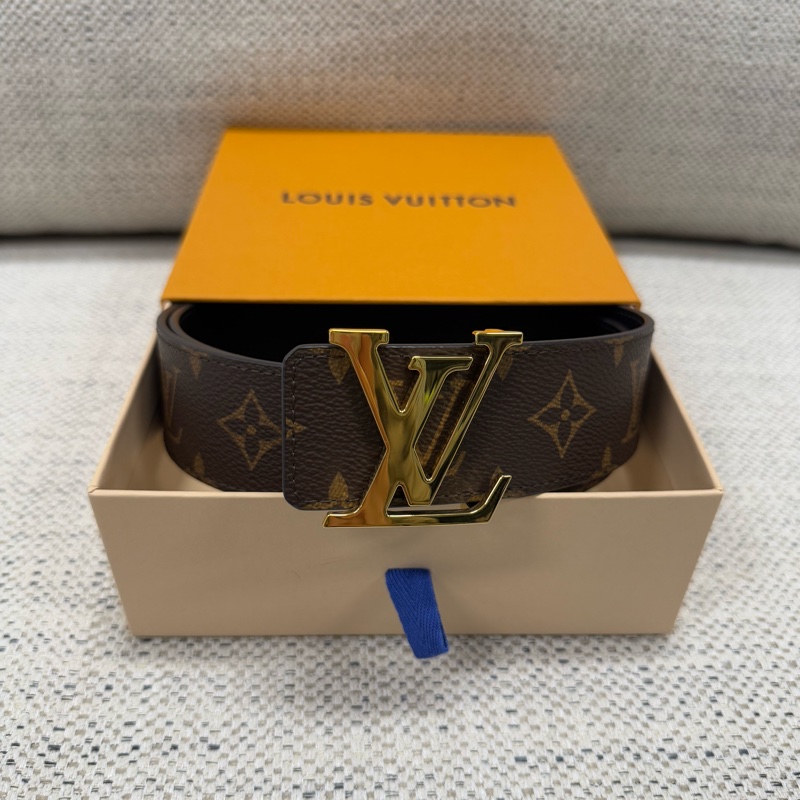 LOUIS VUITTON 標誌字母壓花平滑扣 Pyramide 牛皮金屬帆布 皮帶 男款 棕色 寬4cm-1