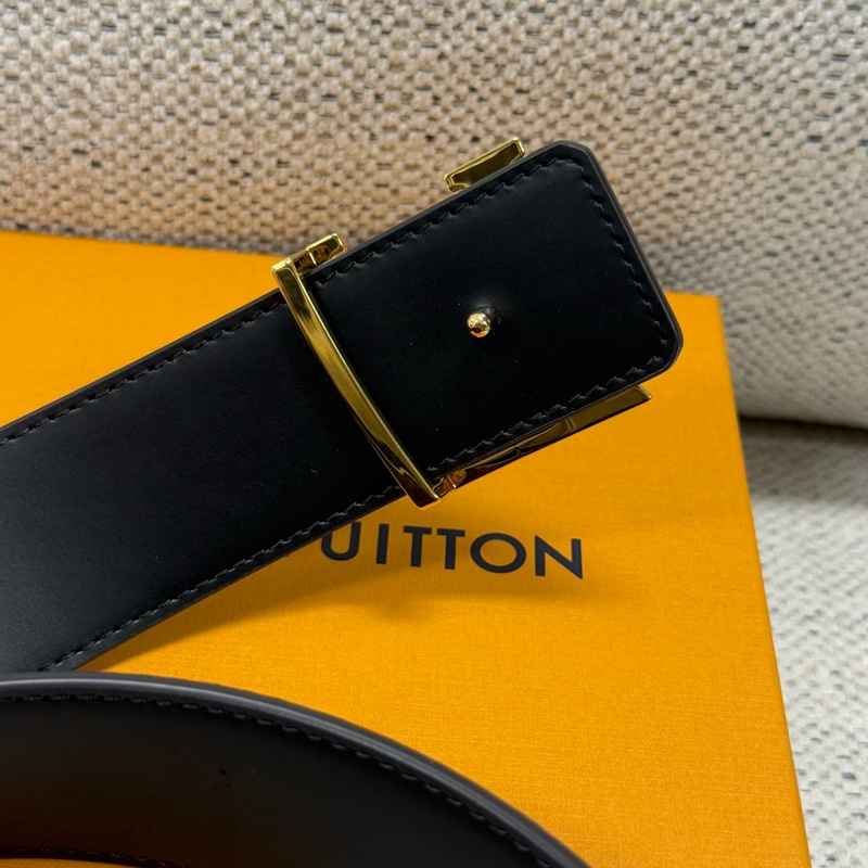 LOUIS VUITTON 標誌字母壓花平滑扣 Pyramide 牛皮金屬帆布 皮帶 男款 棕色 寬4cm-2