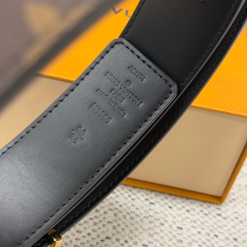 LOUIS VUITTON 標誌字母壓花平滑扣 Pyramide 牛皮金屬帆布 皮帶 男款 棕色 寬4cm-3