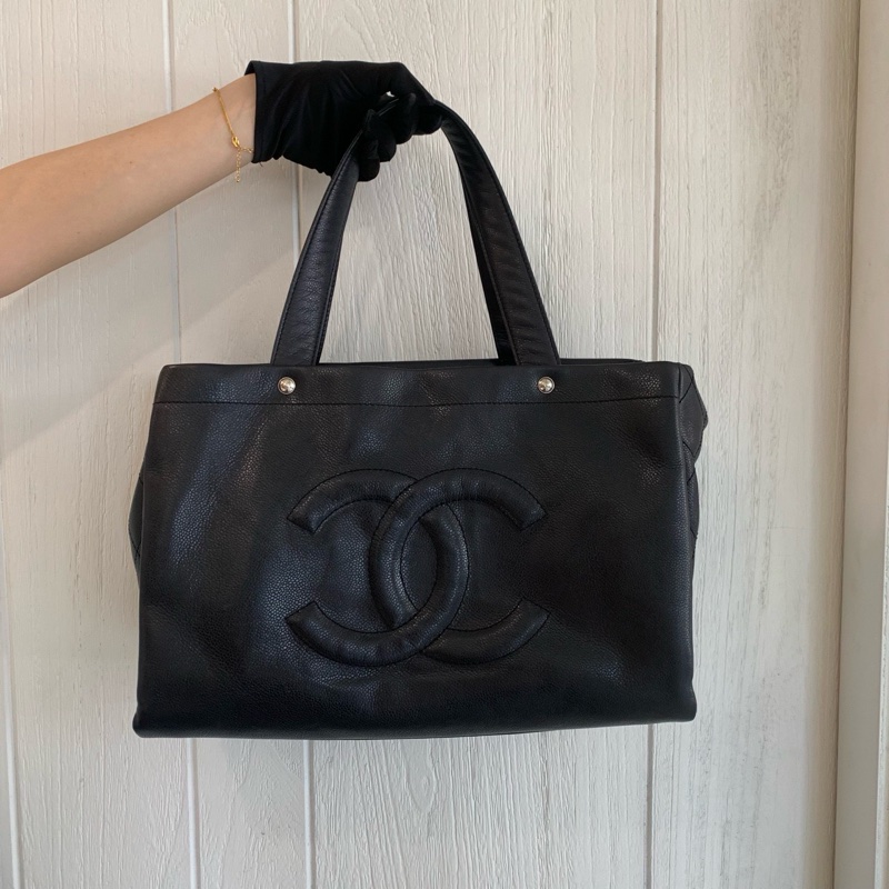 Chanel黑荔枝牛皮銀釦大logo托特包-0