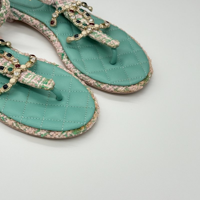 CHANEL 香奈兒 毛呢 寶石釦 拖鞋-2