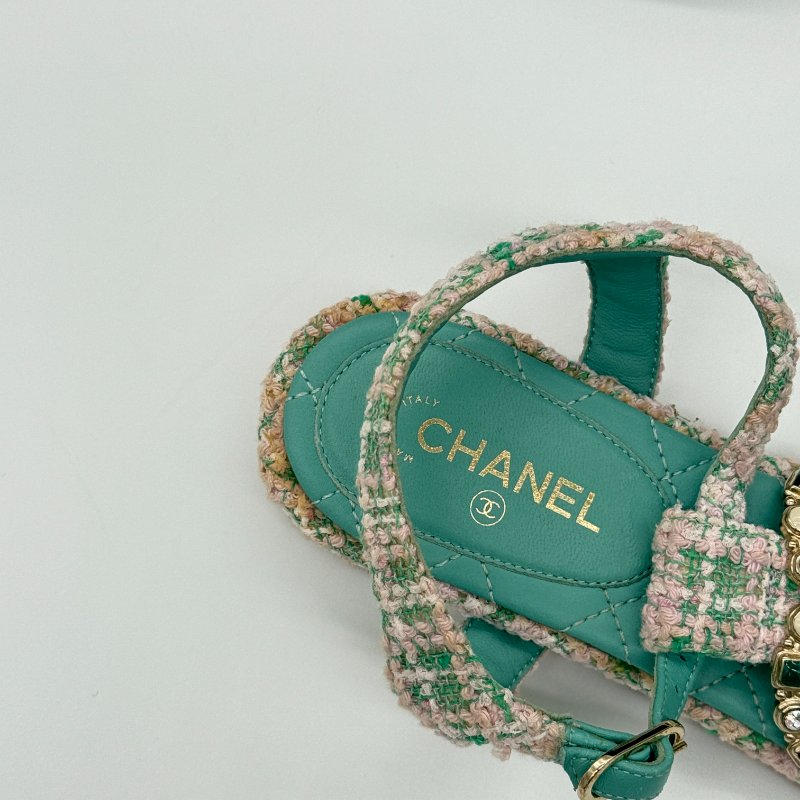 CHANEL 香奈兒 毛呢 寶石釦 拖鞋-3