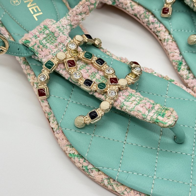 CHANEL 香奈兒 毛呢 寶石釦 拖鞋-5