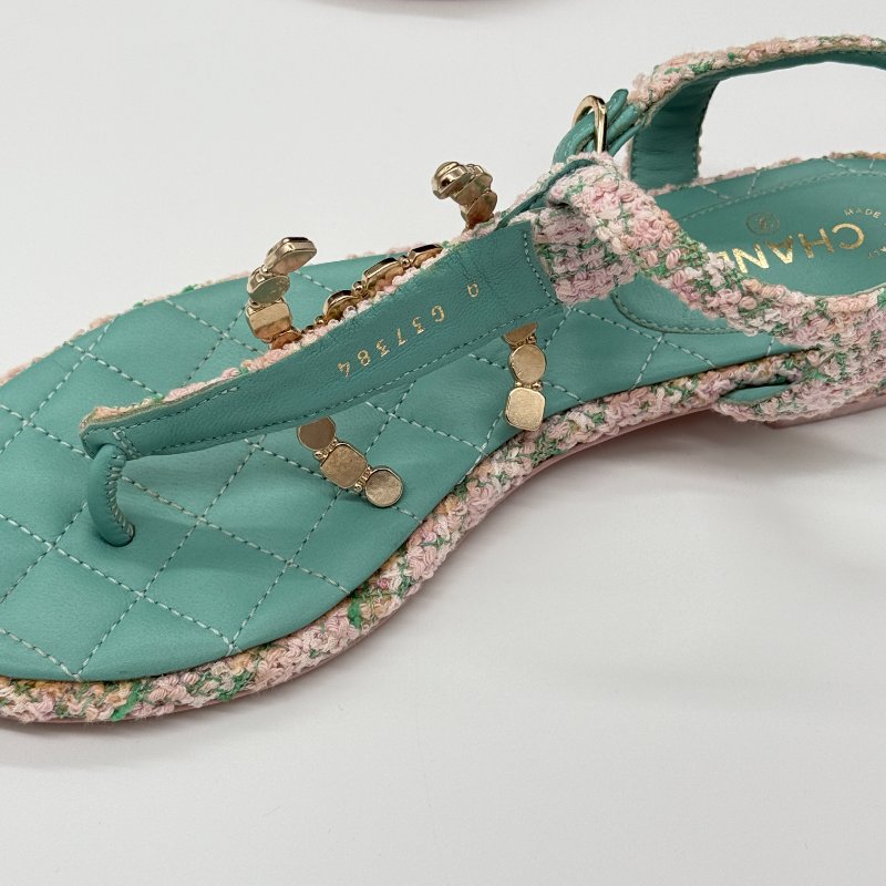 CHANEL 香奈兒 毛呢 寶石釦 拖鞋-6