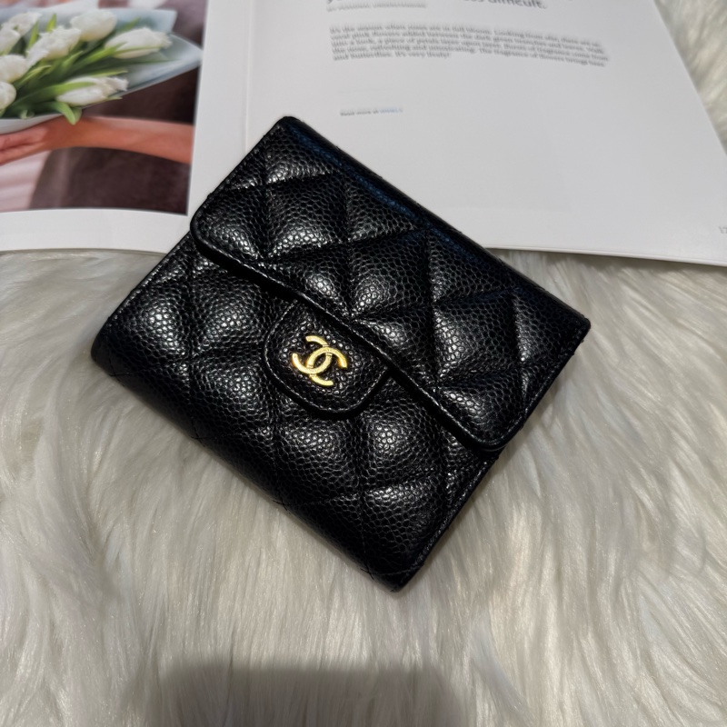 香奈兒 黑金荔枝三折短夾 經典短夾 錢包-0