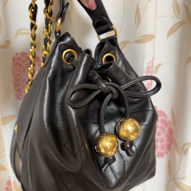 香奈兒 CHANEL vintage 雙C Logo 金球真皮鏈條水桶包 斜背包 子母包-1
